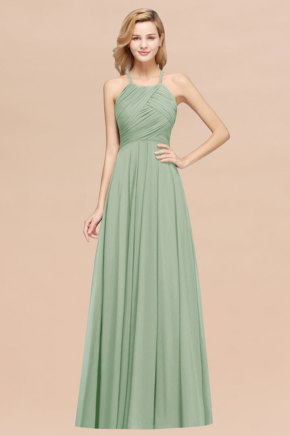 Halter Crisscross Pleated Bridesmaid Dresses Blue Chiffon Sleeveless Maid of Honor Dress