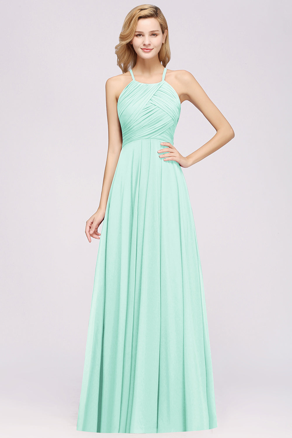 Halter Crisscross Pleated Bridesmaid Dresses Blue Chiffon Sleeveless Maid of Honor Dress