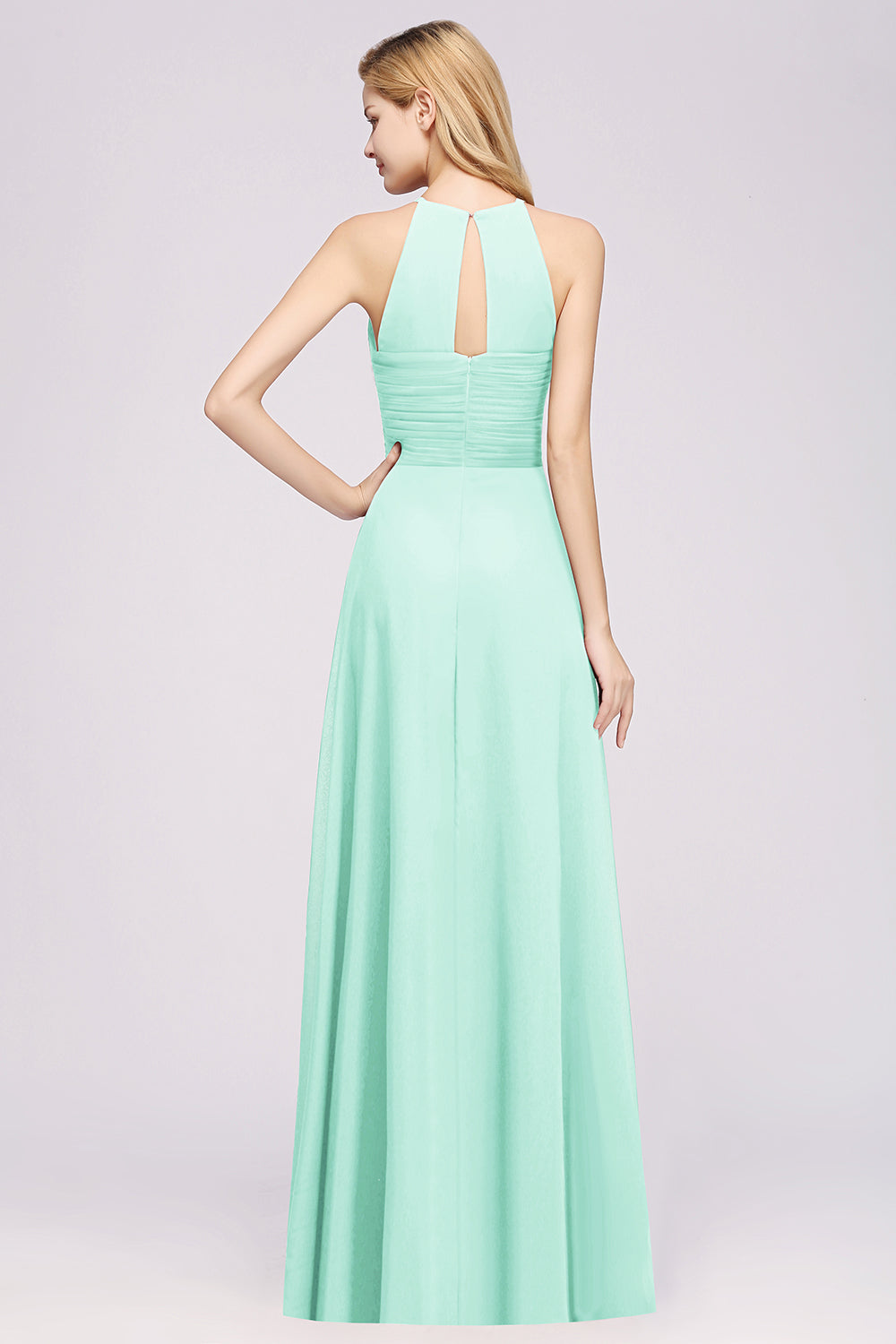 Halter Crisscross Pleated Bridesmaid Dresses Blue Chiffon Sleeveless Maid of Honor Dress