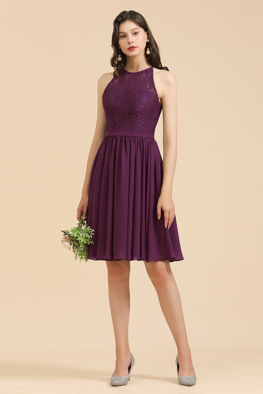 Halter Lace Bridesmaid Dresses  Chiffon Sleeveless Short Dress