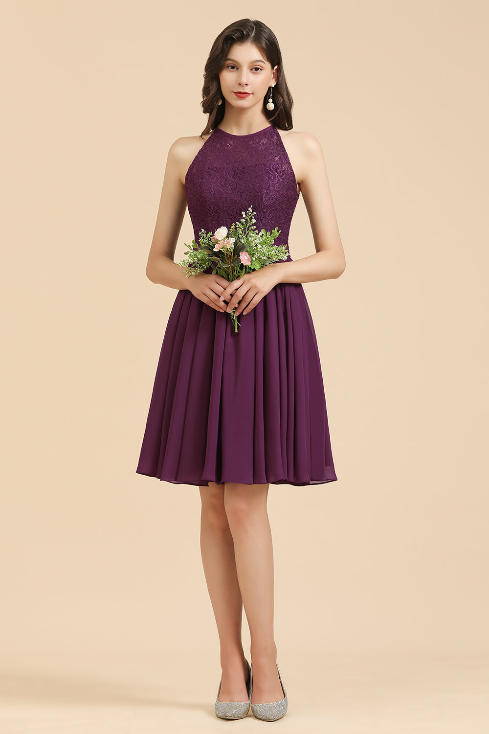 Halter Lace Bridesmaid Dresses  Chiffon Sleeveless Short Dress