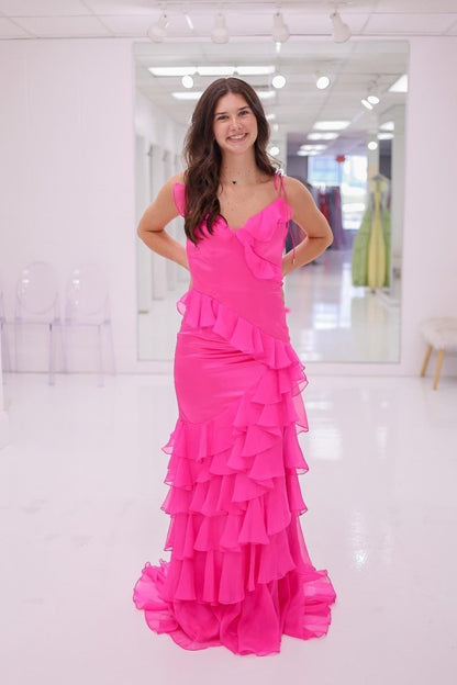 Hartlyn | Tie Shoulder Red Mermaid Ruffle Tiered Long Prom Dress with Slit