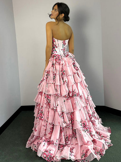 A-Line Blush Strapless Chiffon Floral Ruffled Prom Dress With Slit