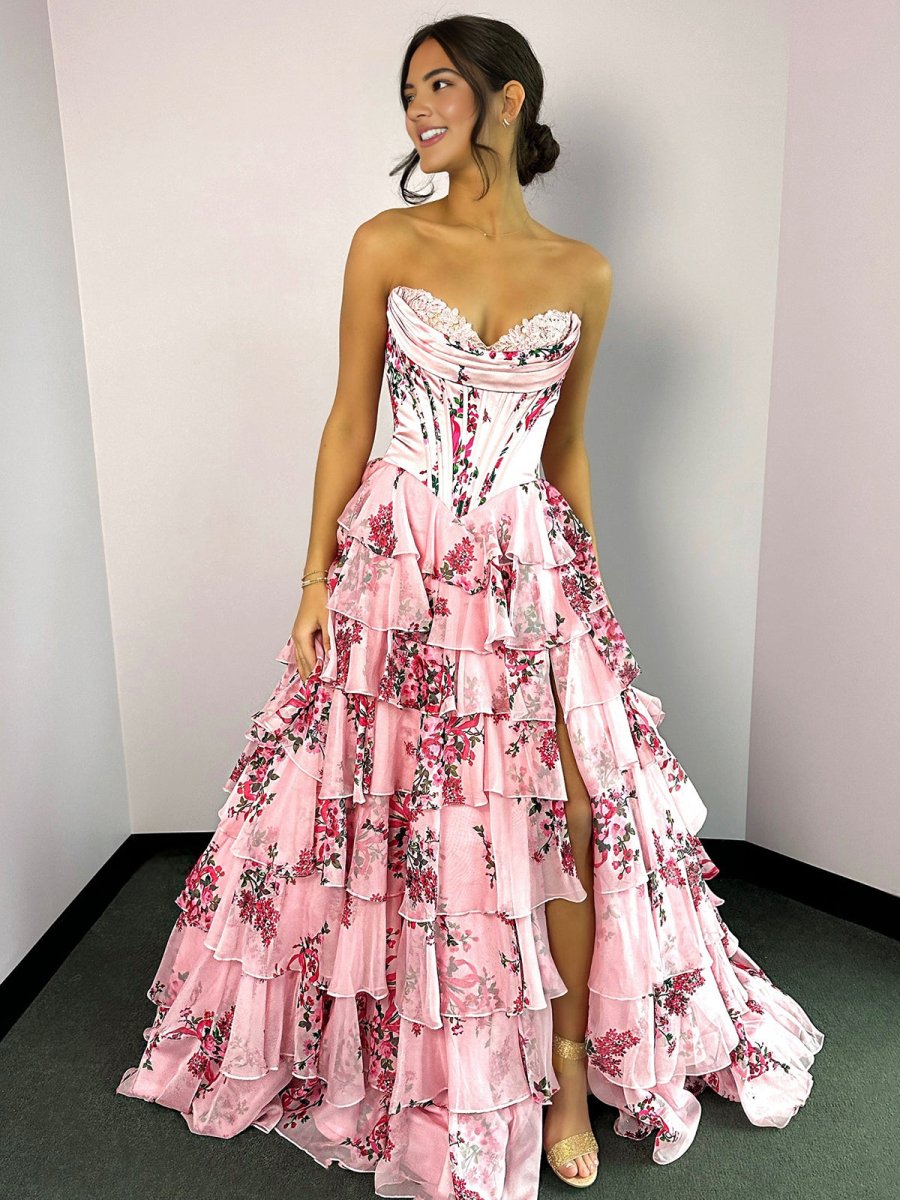 A-Line Blush Strapless Chiffon Floral Ruffled Prom Dress With Slit