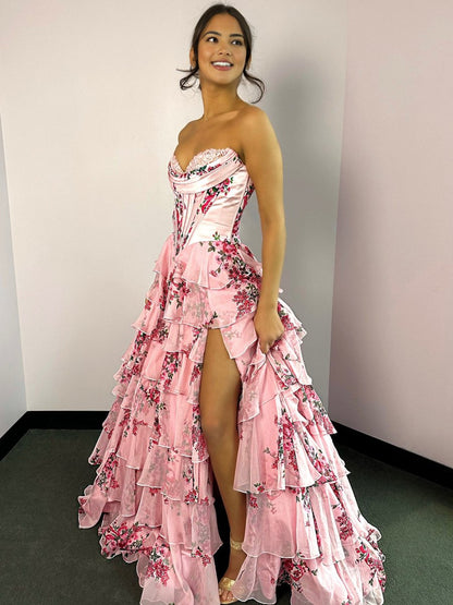 A-Line Blush Strapless Chiffon Floral Ruffled Prom Dress With Slit