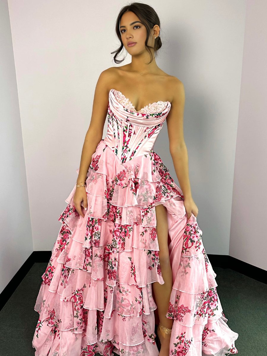 A-Line Blush Strapless Chiffon Floral Ruffled Prom Dress With Slit