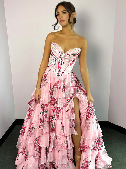 A-Line Blush Strapless Chiffon Floral Ruffled Prom Dress With Slit