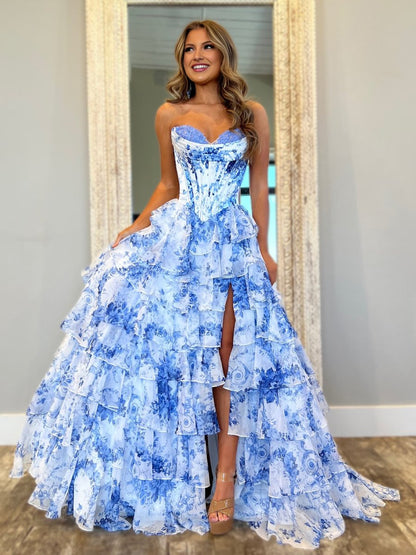 A-Line Blush Strapless Chiffon Floral Ruffled Prom Dress With Slit