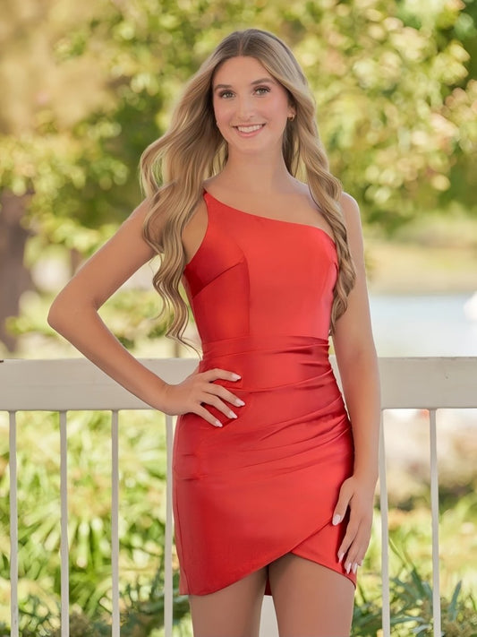 Sevoba|Sheath Red One Shoulder Satin Tight Homecoming Dress