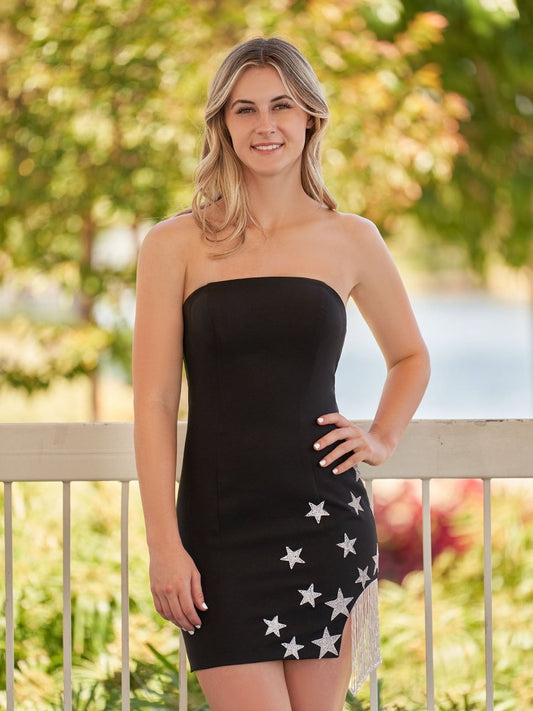 Sevoba|Sheath Black Strapless Satin Homecoming Dress With Star