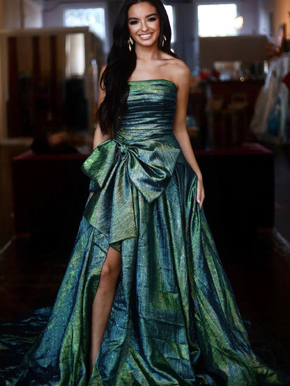 Fuchsia Strapless A-Line Long Prom Dress With Bow