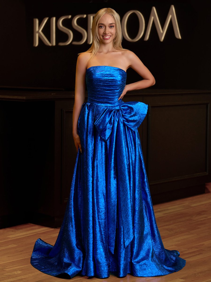 Fuchsia Strapless A-Line Long Prom Dress With Bow