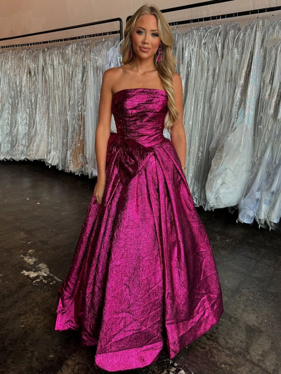 Fuchsia Strapless A-Line Long Prom Dress With Bow