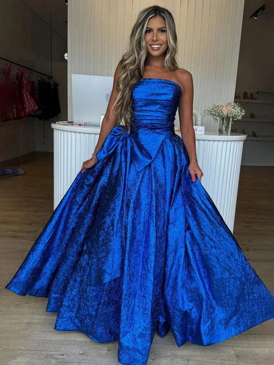 Fuchsia Strapless A-Line Long Prom Dress With Bow