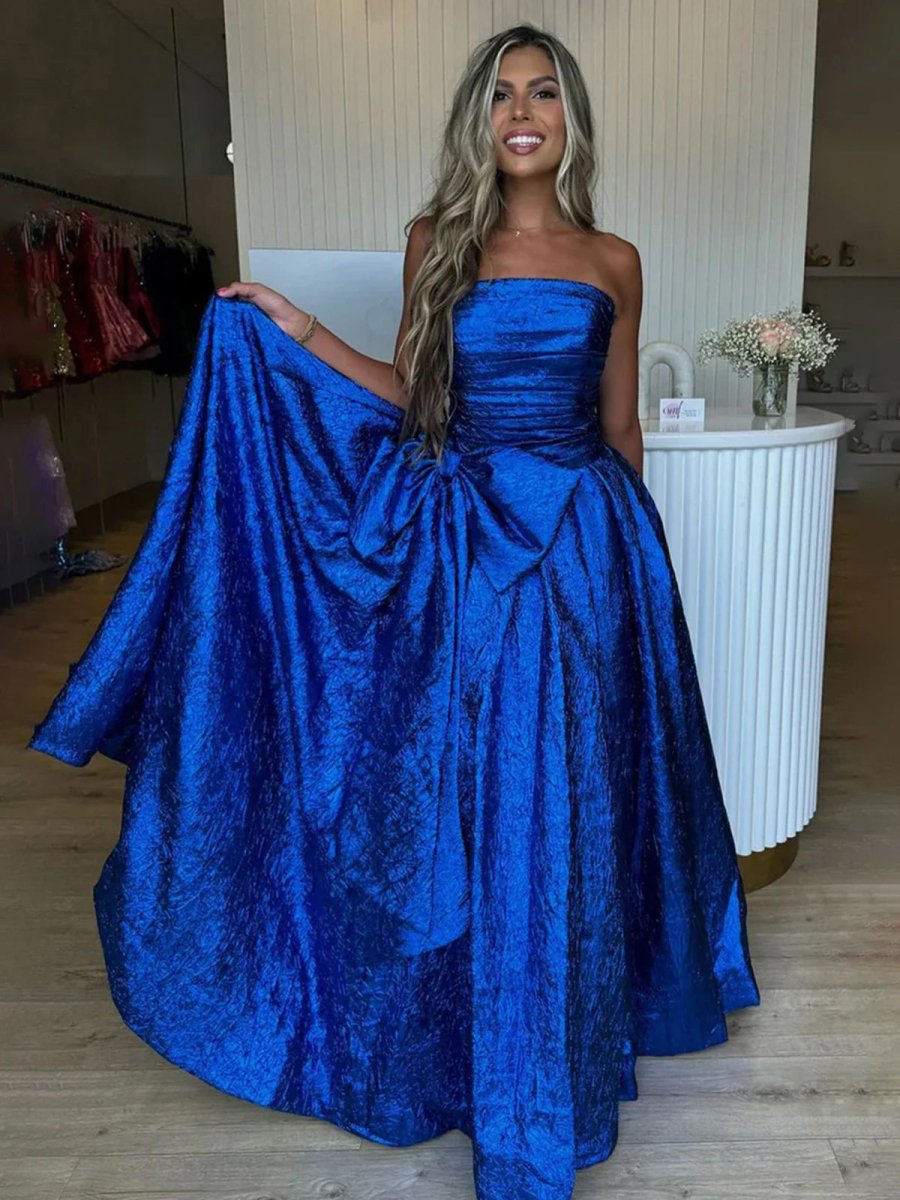 Fuchsia Strapless A-Line Long Prom Dress With Bow