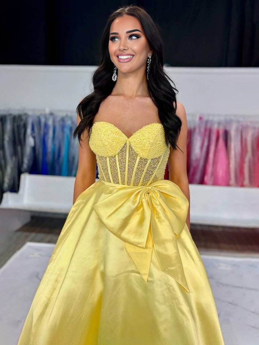 Hindreen | A-Line Sweetheart Lilac Beaded  Long Prom Dresses With Bow