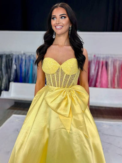 Hindreen | A-Line Sweetheart Lilac Beaded  Long Prom Dresses With Bow