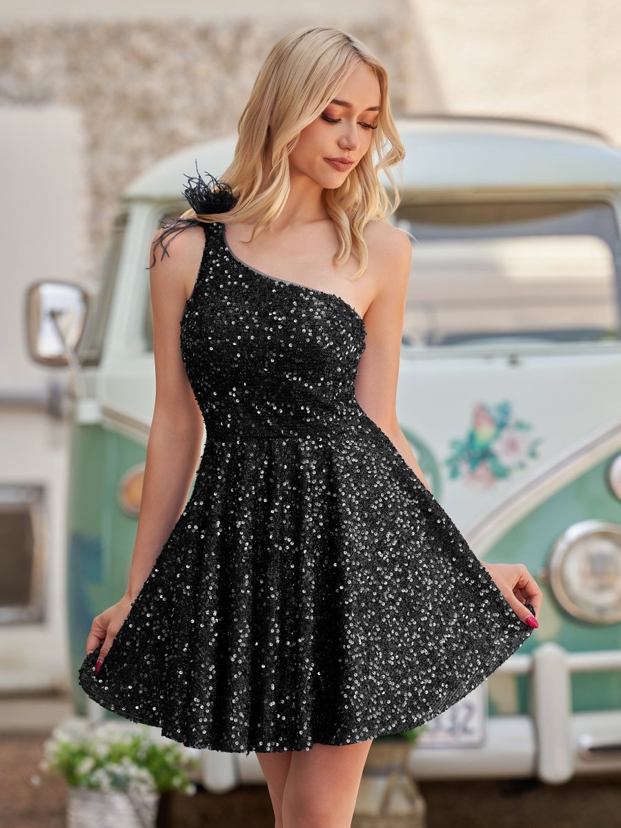 Sevoba|Royal Blue - One Shoulder A Line Sequins Homecoming Dresses With Feathers