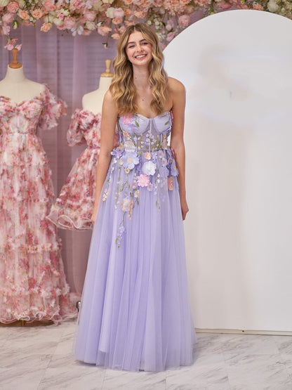 Sevoba|A-Line Strapless Tulle Prom Dress With 3D Flowers