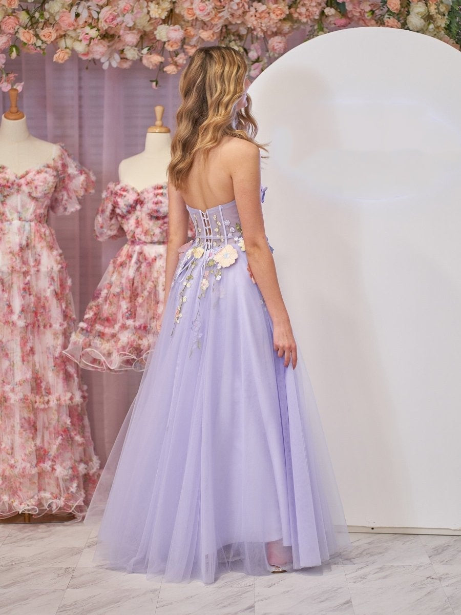 Sevoba|A-Line Strapless Tulle Prom Dress With 3D Flowers