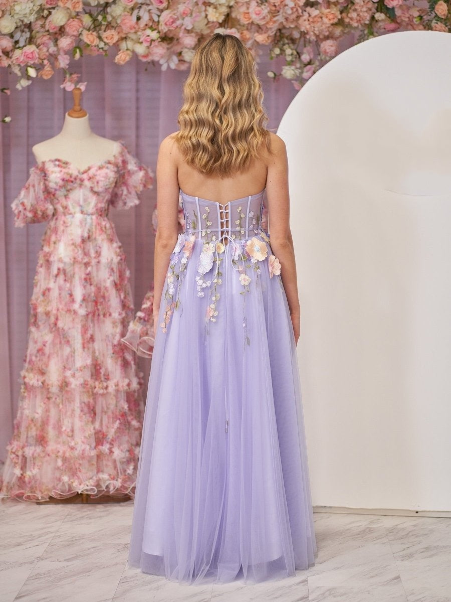 Sevoba|A-Line Strapless Tulle Prom Dress With 3D Flowers