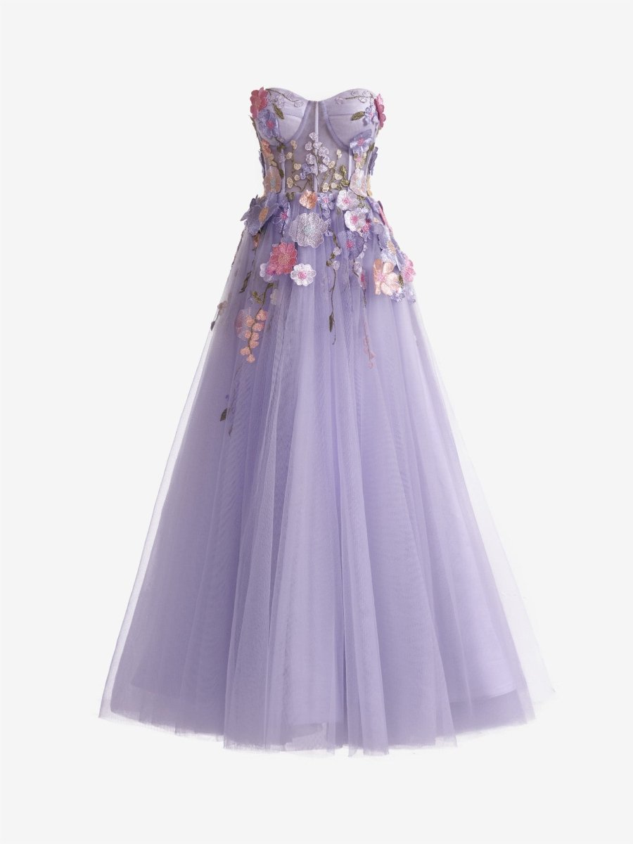 Sevoba|A-Line Strapless Tulle Prom Dress With 3D Flowers