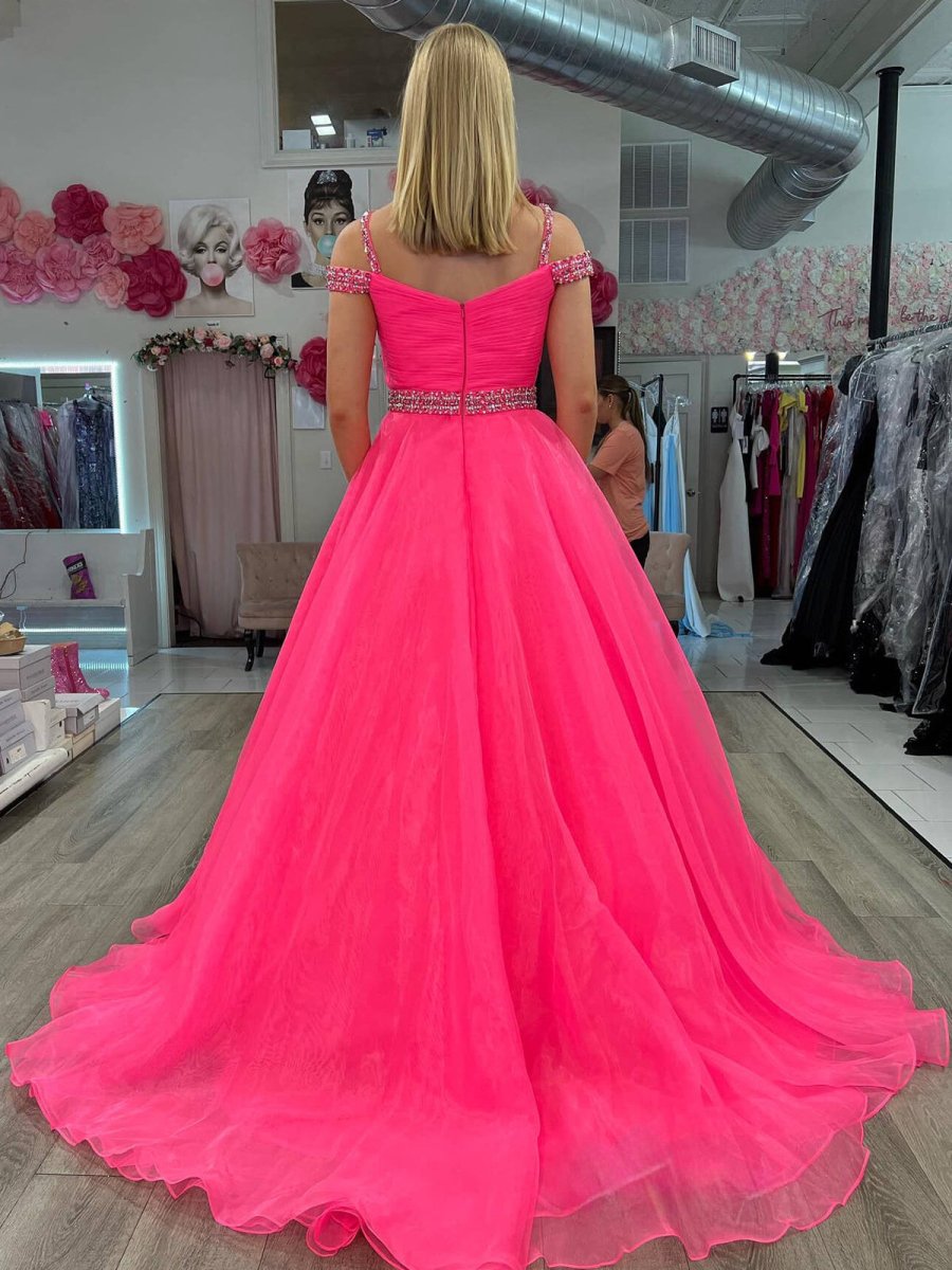Hot Pink Beaded Cold-Shoulder A-Line Prom Dress