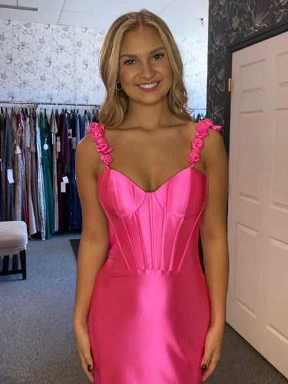 Persephone | Hot Pink Floral Straps Mermaid Satin Long Prom Dress
