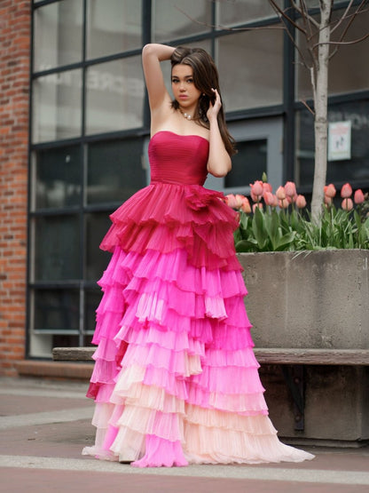 Sweetheart Pleated Bodice Long Prom Dress with Ruffles