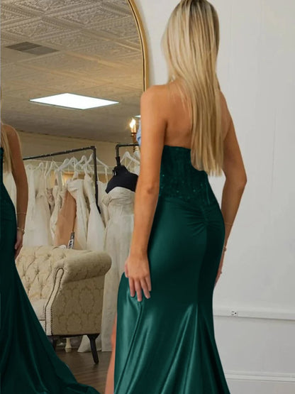 Idra | Emerald Green Beaded Strapless Applique Formal Dress with Slit