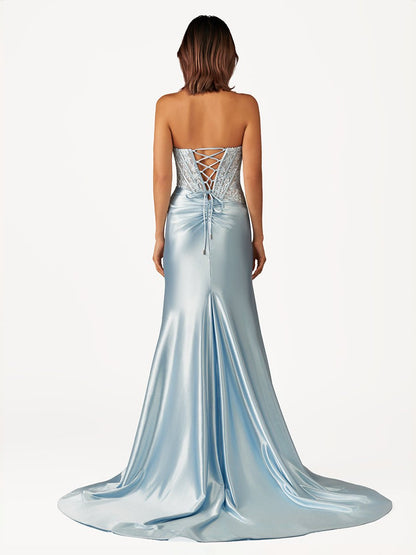 Idra | Emerald Green Beaded Strapless Applique Formal Dress with Slit