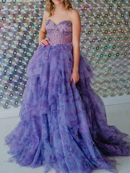 Stunning Printing A-Line Strapless Beads Ruffles Long Prom Dress