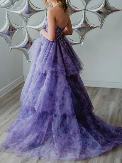 Stunning Printing A-Line Strapless Beads Ruffles Long Prom Dress