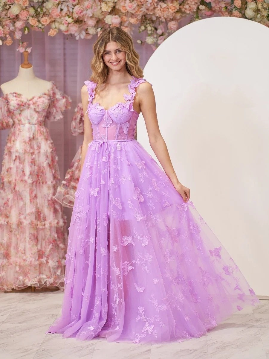 Sevoba|Lilac A-line Butterfly Lace Lilac Corset Prom Dress with Slit