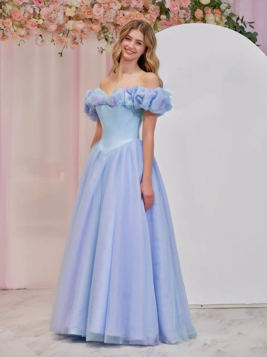 Sevoba|Cinderella Blue Tulle Off the Shoulder With Crystals & Butterflies Ball Gown