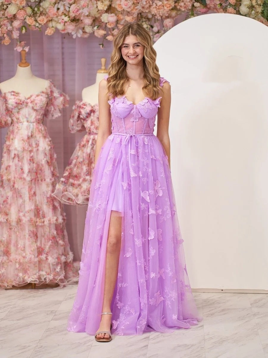 Sevoba|Lilac A-line Butterfly Lace Lilac Corset Prom Dress with Slit