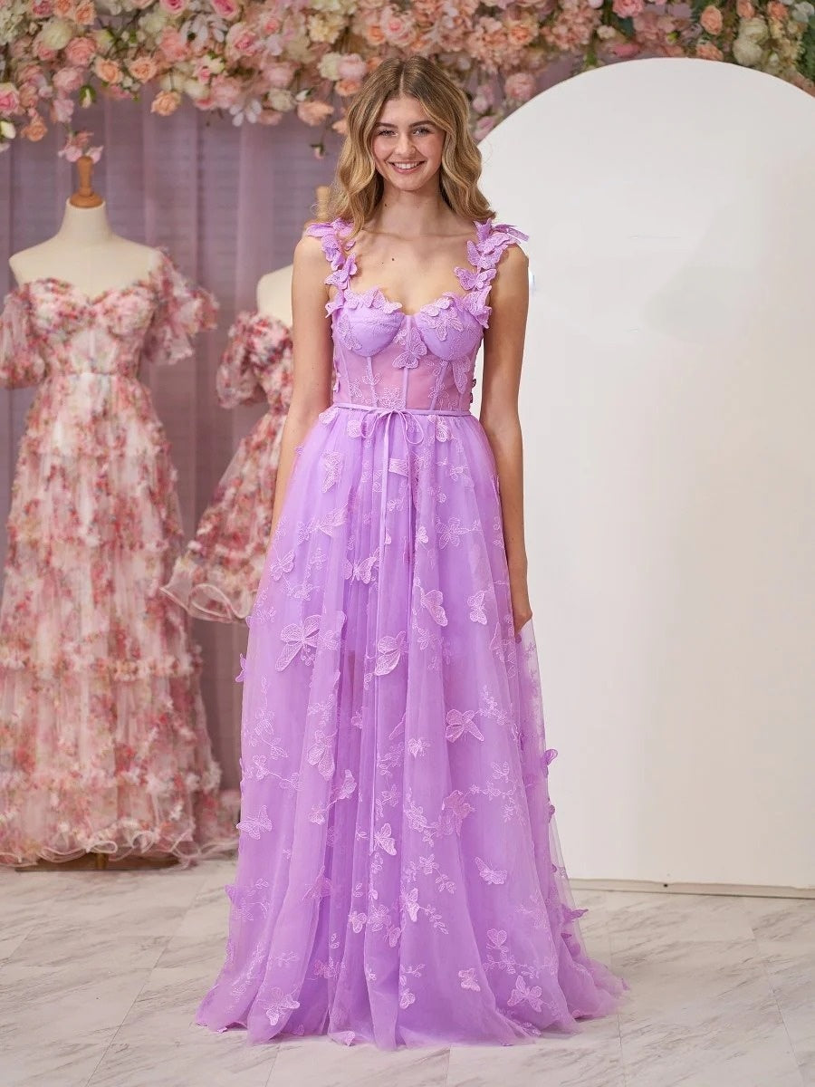 Sevoba|Lilac A-line Butterfly Lace Lilac Corset Prom Dress with Slit