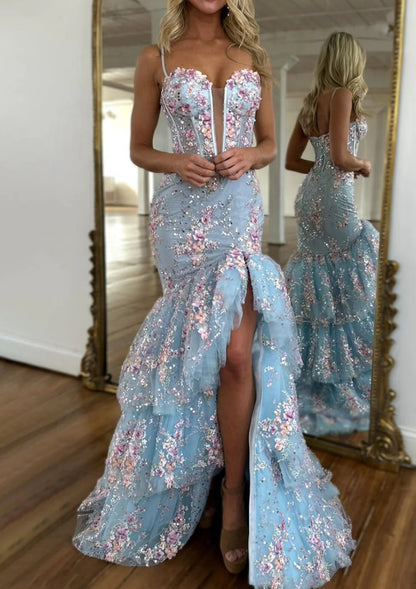 Light Blue Floral Embroidered Mermaid Prom Dress with Tiered Tulle Train
