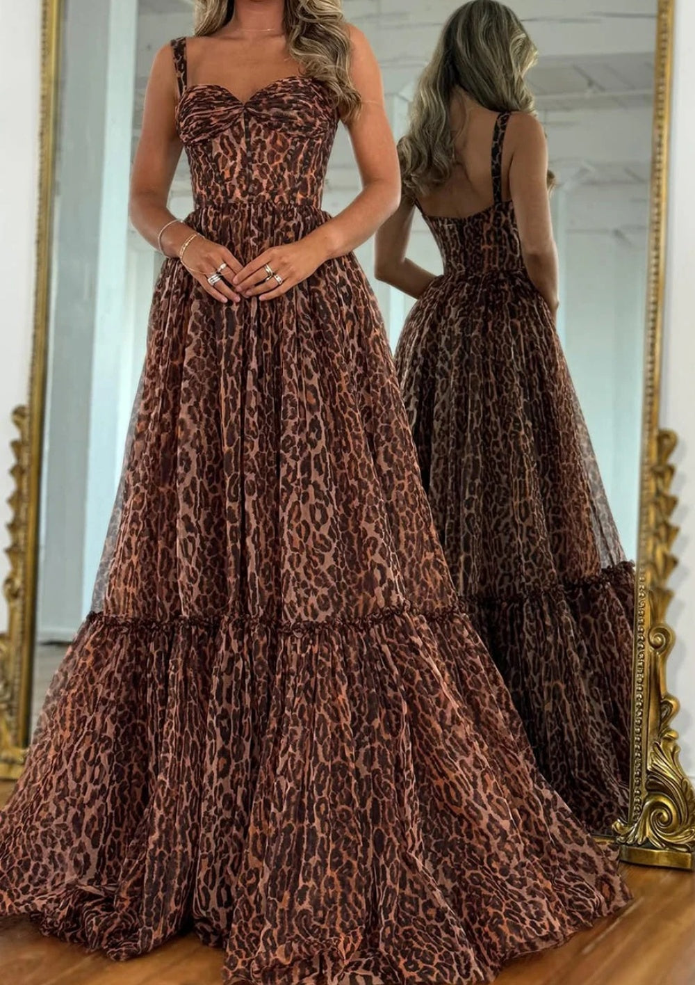 Brown Leopard Print Strappy Prom Dress with Flowing Tiered Train