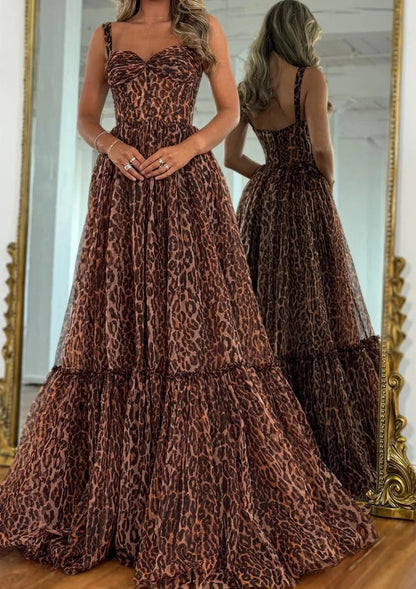 Brown Leopard Print Strappy Prom Dress with Flowing Tiered Train