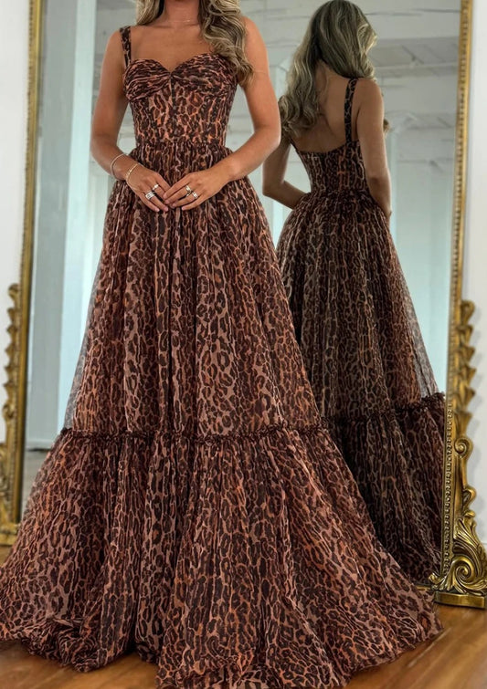 Brown Leopard Print Strappy Prom Dress with Flowing Tiered Train