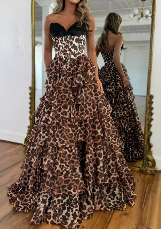 Brown Leopard Print Strapless Prom Dress with Black Satin Bodice and Tiered Ruffles