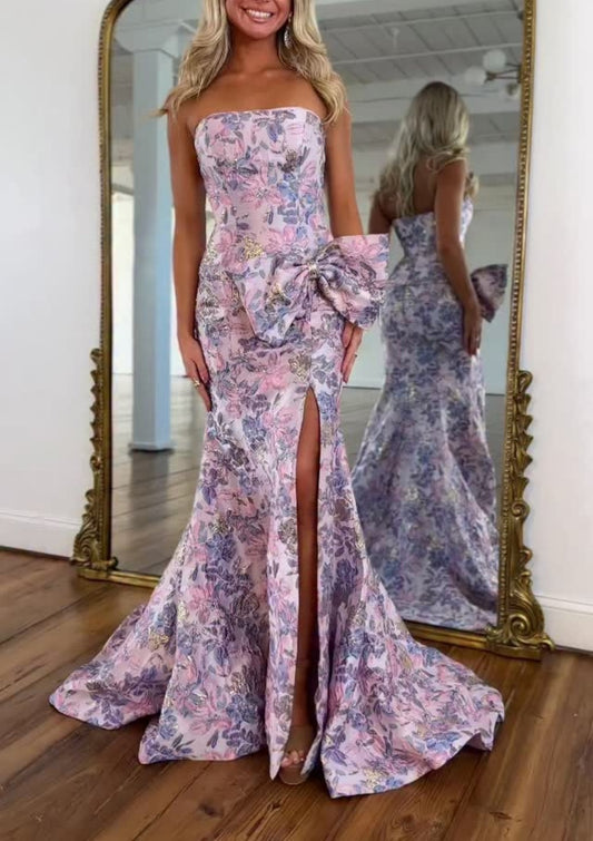 Chic Mermaid Strapless Floral Jacquard Slit Long Prom Dress With Bow