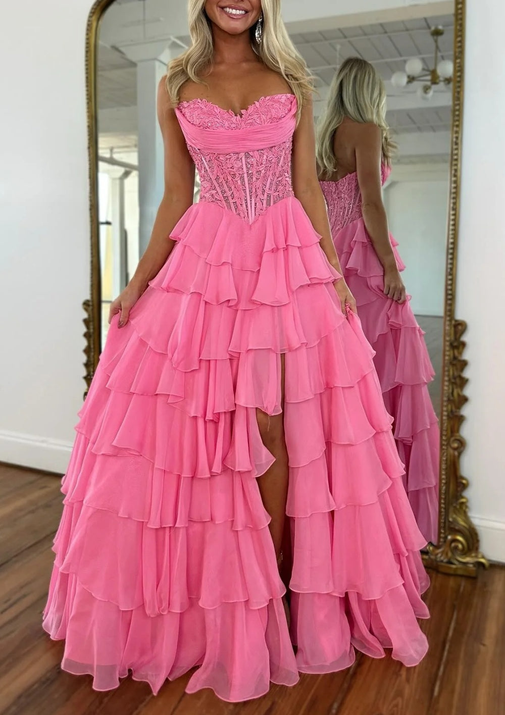 Sparkly A Line Sweetheart Corset Tiered Ruffles Long Prom Dress With Appliques