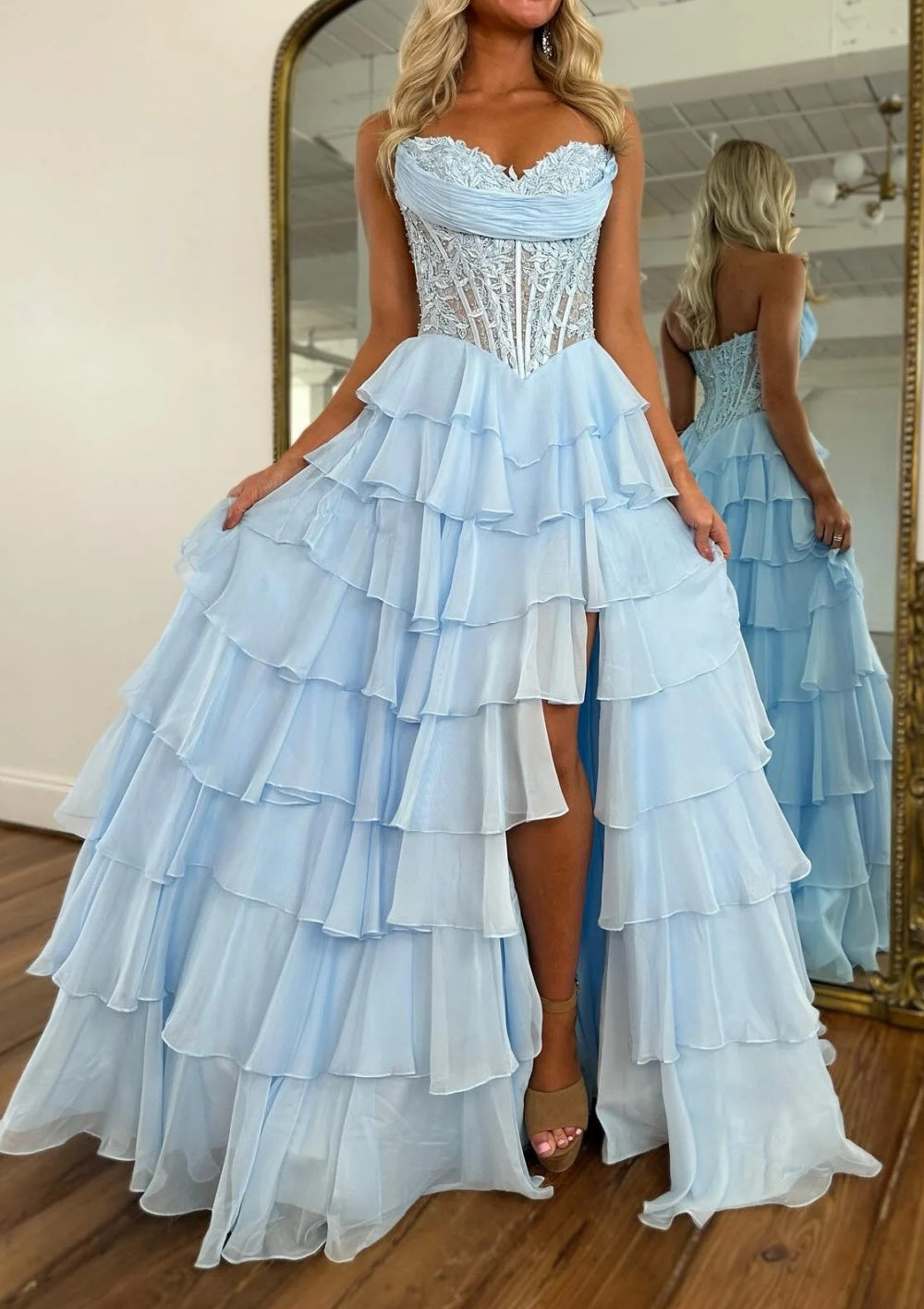 Sparkly A Line Sweetheart Corset Tiered Ruffles Long Prom Dress With Appliques