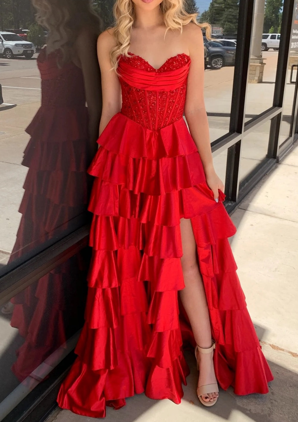 Sparkly A Line Sweetheart Tiered Ruffles Long Prom Dress With Sequin Appliques