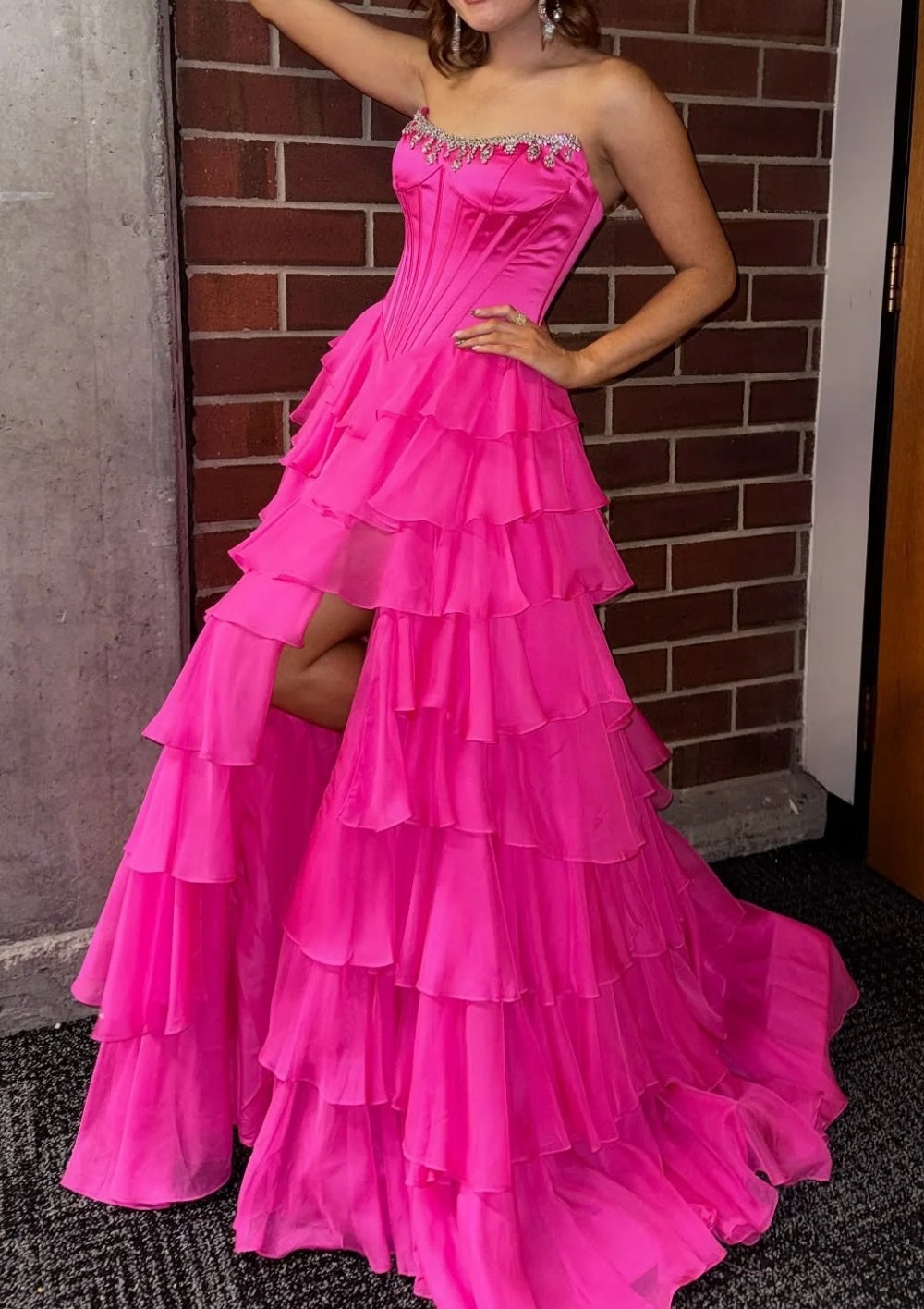 Classic A Line Strapless Tiered Ruffles Slit Long Prom Dress With Beading