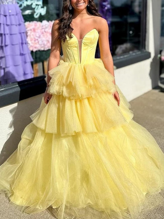 Strapless A-Line Empire-Waist V-Neck Tiered Tulle Sleeveless Prom Dress