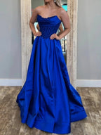 Royal Blue A-Line Strapless Scoop Pleated Satin Prom Dress