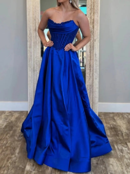 Royal Blue A-Line Strapless Scoop Pleated Satin Prom Dress